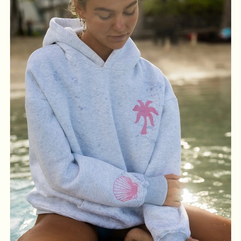 ✨✨ SOLD ✨✨✨Pink palm puff hibiscus hoodie embroidered XXS Grey NIB